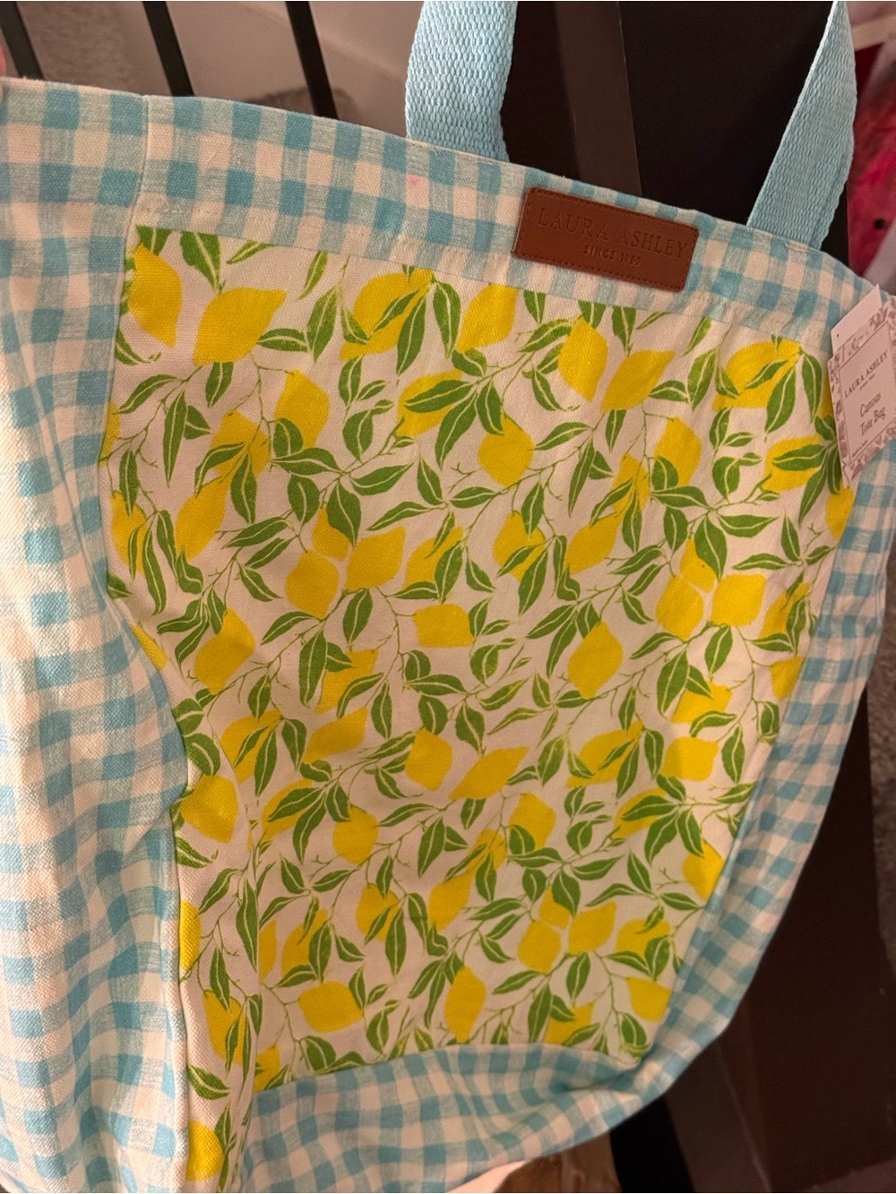 Laura Ashley Yellow Lemon Print Tote with Blue Gingham Trim